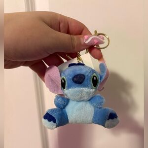 Disney Blue Stitch Plush Keychain with Pink Ears and Gold Ring